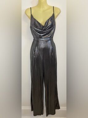 Endless Rose Metallic Charcoal Cowl-Neck Cami Bodice Jumpsuit